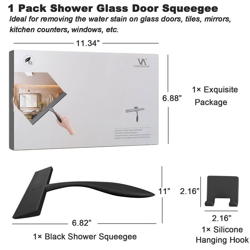 VANZAVANZU Shower Squeegee for Glass Doors, 11-Inch Silicone Squeegee with Non-Slip Handle and Adhesive Hook for Bathroom, Mirror, Tile, Car Window (Black) - Image 3